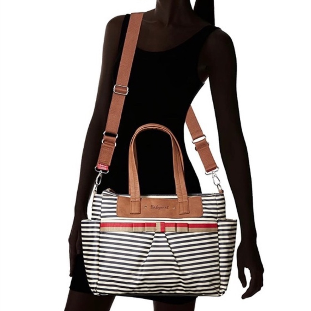 Babymel Cara Diaper Bag Navy Stripe Faux Leather Stroller Straps Changing Pad